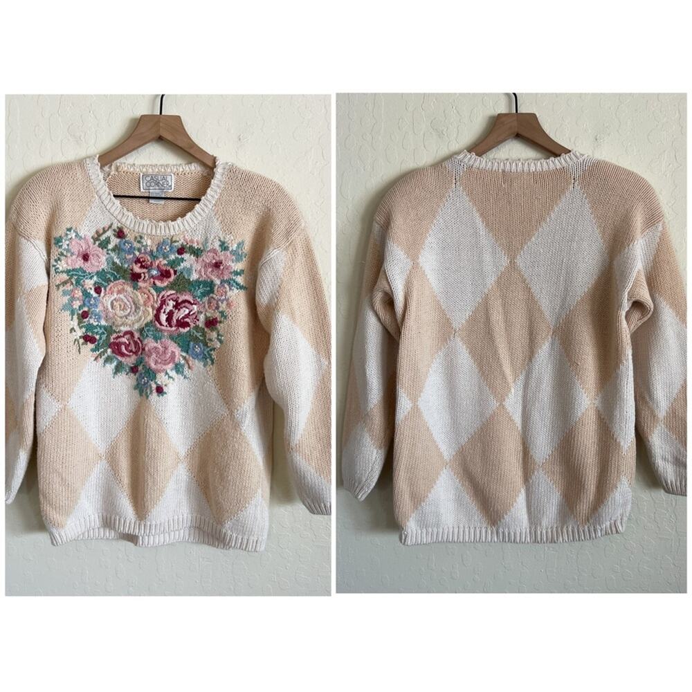 Vintage Casual Corner Floral Embroidered Argyle Crewneck Sweater Small Cottage
